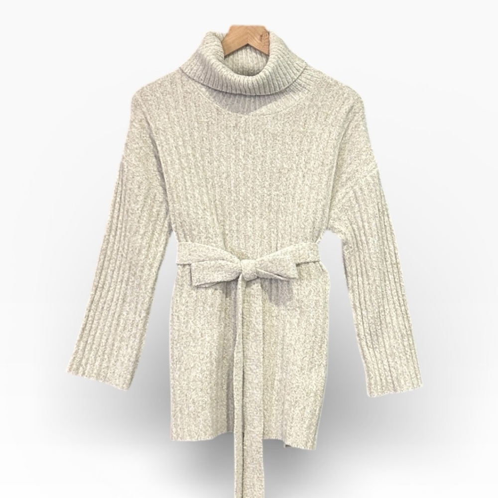 VICI Cream Ribbed Knit Belted Turtleneck Tunic Sweater Women’s Size Medium